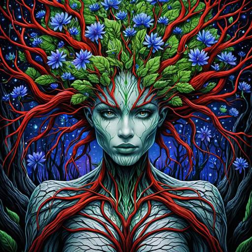 Anthropomorphic Tree Lady with Vibrant Roots and Flowers
