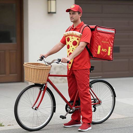 Photograph of a male pizza delivery worker in red uniform and cap, wearing a pizza slice shirt, standing with a red bicycle and basket, against a