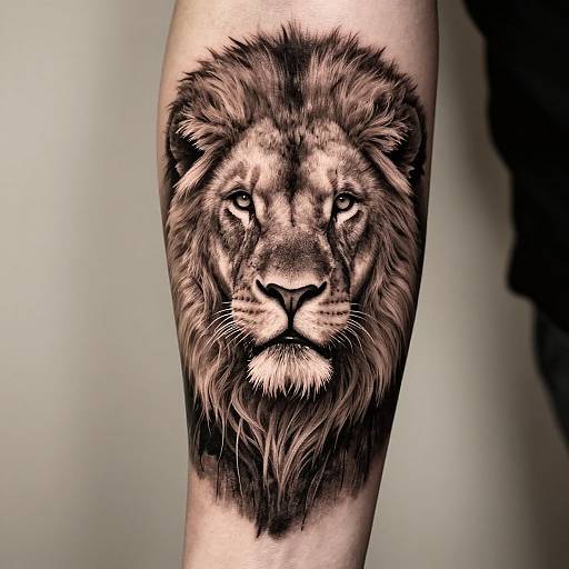 Photograph of a realistic black-and-gray tattoo of a lion's face on a forearm, showcasing detailed fur and intense gaze.