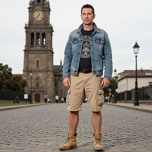 Photograph of a muscular Caucasian man with short brown hair, wearing a denim jacket, black t-shirt, beige cargo shorts, and tan boots, standing