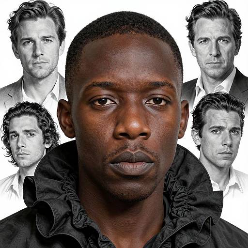 Photograph of a serious Black man with short hair, centered, surrounded by six black-and-white portraits of a white man with similar features and hairstyle.