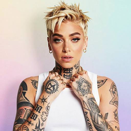Photograph of a blonde, tattooed woman with short, spiky hair, wearing a white tank top, against a gradient pastel background.