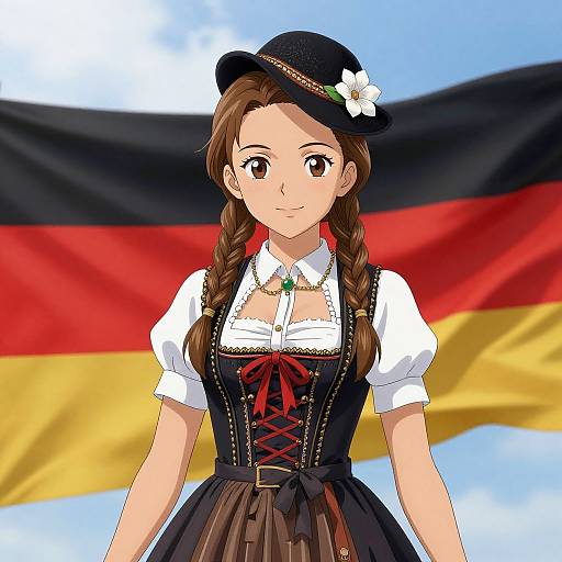 Anime-style digital illustration of a young woman with brown braided hair, wearing a black hat, white blouse, and black corset with red ribbon,
