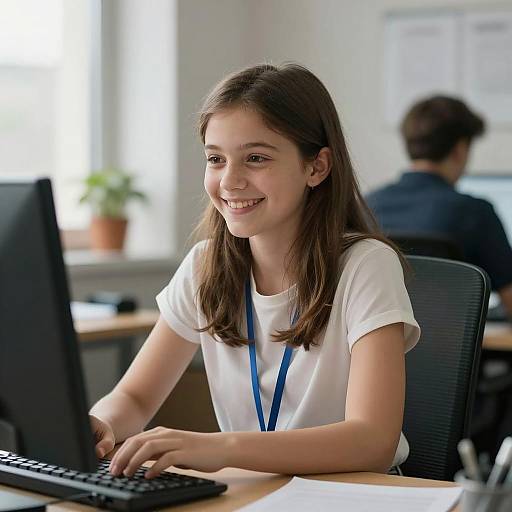 Happy Young Girl in Bright Office
