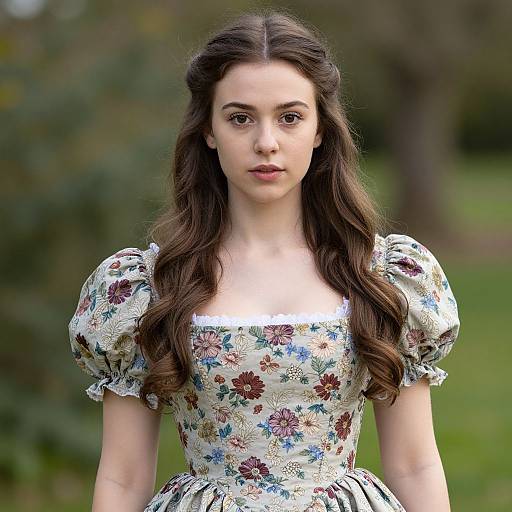 Photograph of a young woman with long, wavy brown hair, wearing a white floral dress with puffed sleeves, standing in a blurred green outdoor