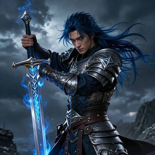 Digital art: Blue-haired warrior in silver armor, gripping a glowing blue sword, against a stormy, cloud-filled sky. Intense expression, eth