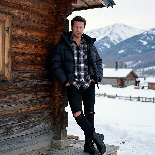 Photograph of a handsome, white man with short brown hair, wearing a black puffer jacket, plaid shirt, and ripped black jeans, leaning