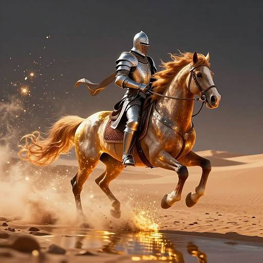 Digital artwork of a knight in silver armor riding a galloping white horse through a golden desert sunset, with sparks flying.