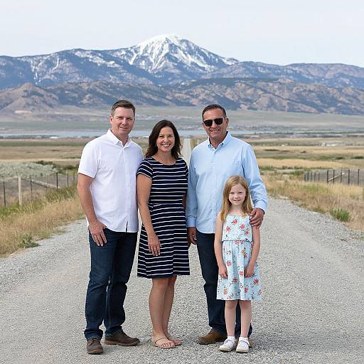 Photograph of a family of four standing on a rural gravel road with snow-capped mountains in the background. Parents in casual attire, daughter in floral