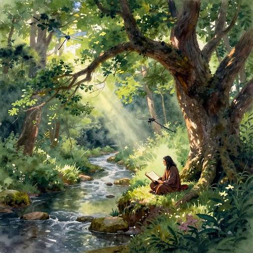 Digital painting of a serene forest scene with sunlight filtering through trees, a woman with long hair sitting by a flowing creek, and a dragonfly hovering nearby