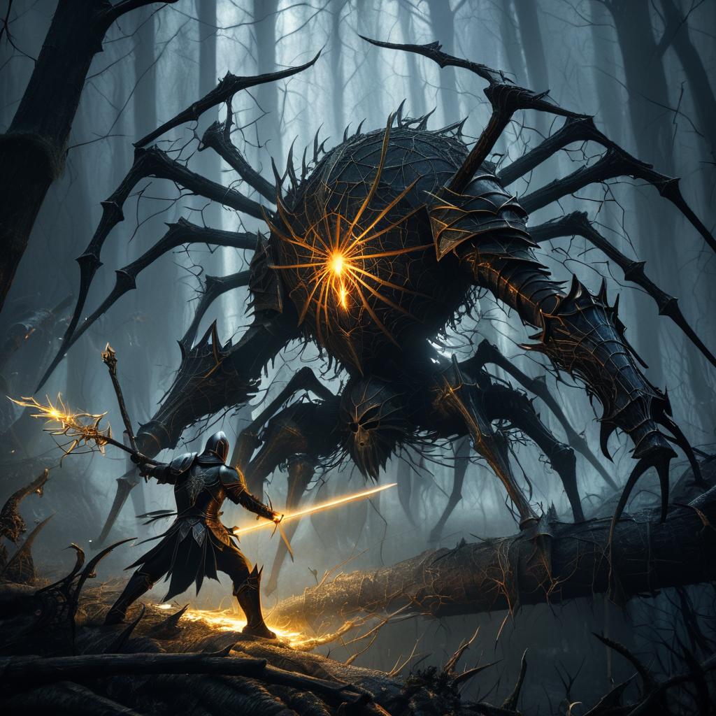 Knight vs Giant Spider in Dark Forest