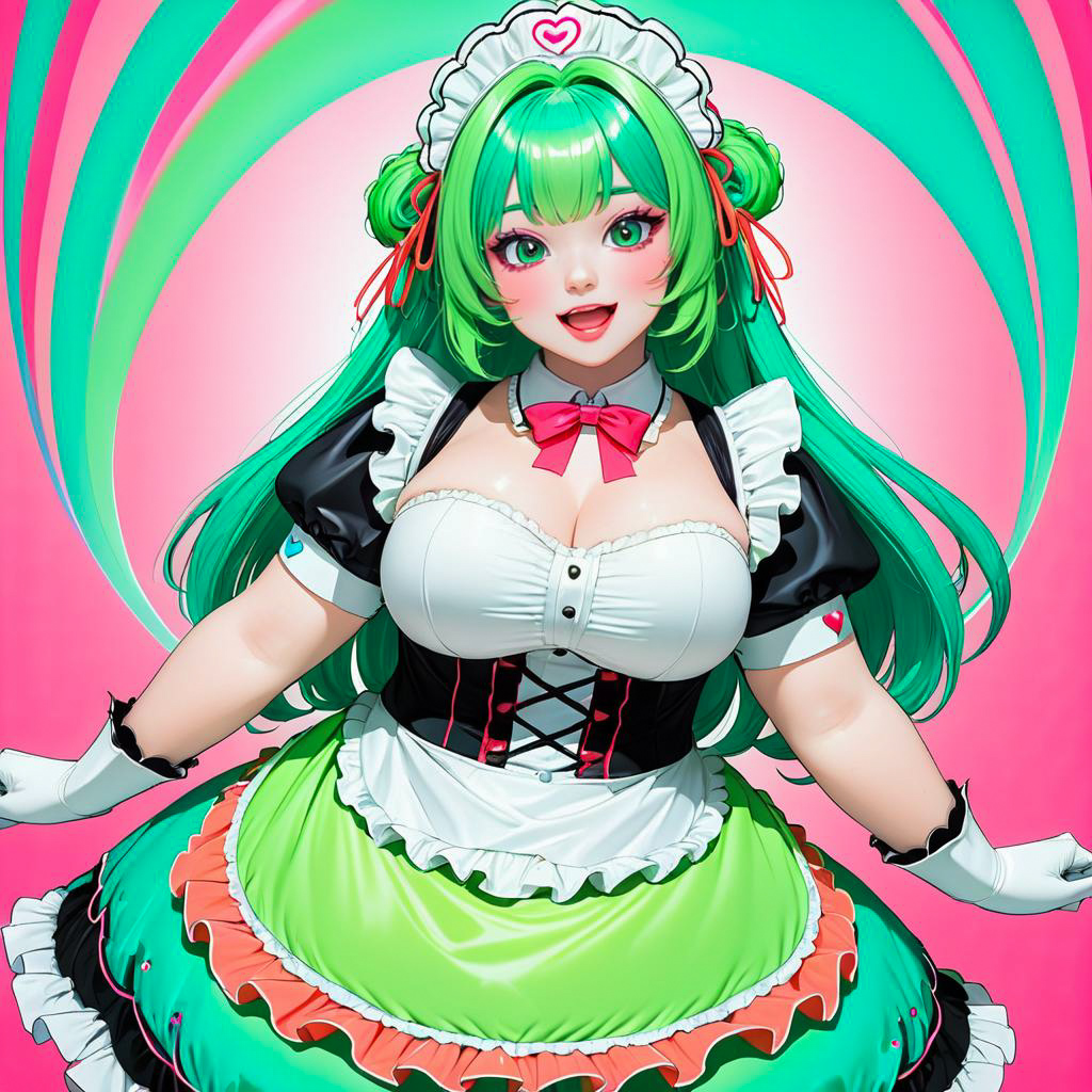 Cheerful Cosplayer in Colorful Maid Outfit