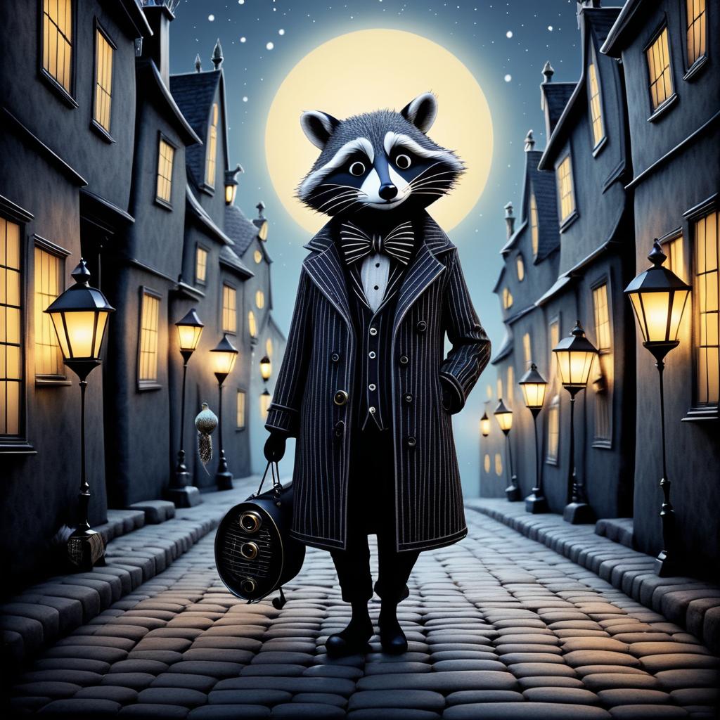 Cheerful Raccoon in Whimsical Gothic Scene