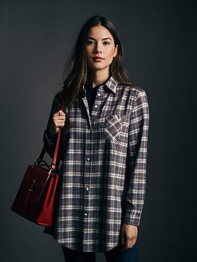 Woman Wearing Plaid Shirt with Red Handbag