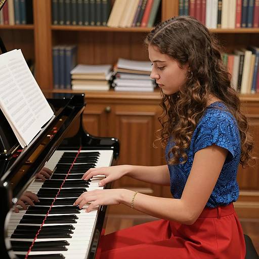 Young Woman Playing Black Grand Piano