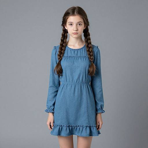 Photograph of a young woman with long braided brown hair, wearing a blue, long-sleeved, knee-length dress with ruffled edges,
