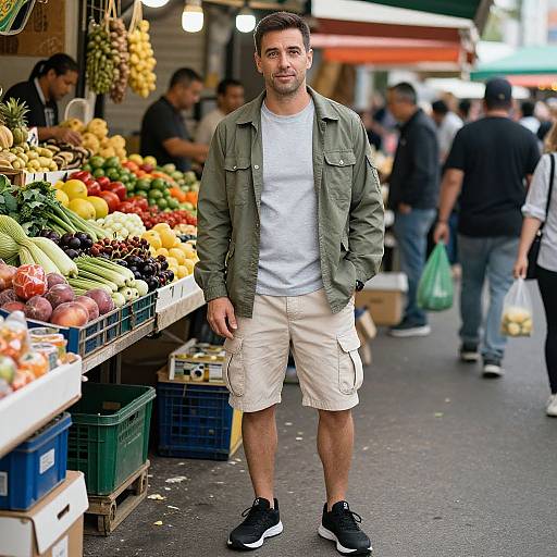 Photograph of a young man with short dark hair, olive green jacket, white t-shirt, beige shorts, and black sneakers, browsing a vibrant outdoor