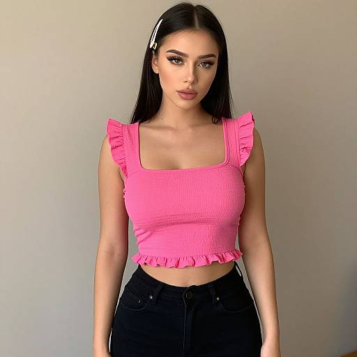 Photograph of a young woman with long black hair, wearing a pink ruffled crop top and black high-waisted jeans, standing against a plain