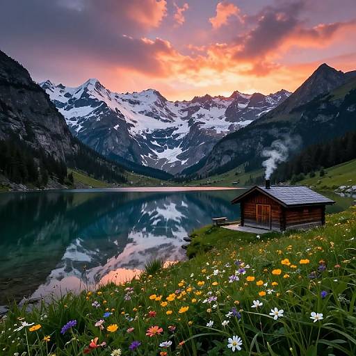 Photograph of a serene mountain lake at sunset, reflecting snow-capped peaks, with a wooden cabin emitting steam, surrounded by vibrant wildflowers.