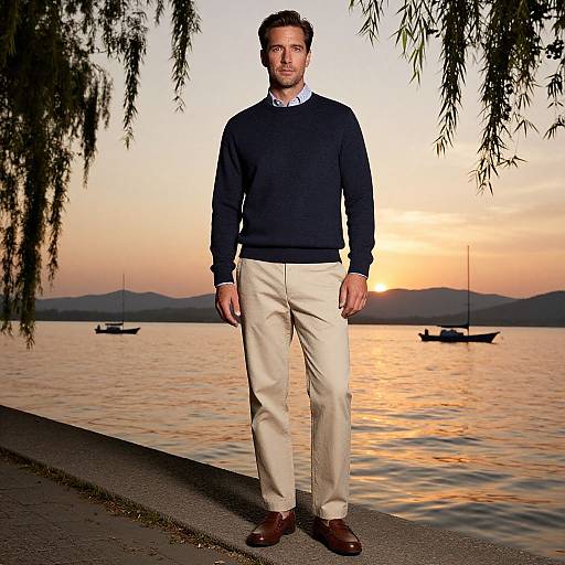 Photograph of a handsome man in navy sweater, white shirt, beige pants, brown shoes, standing by a serene lake at sunset.