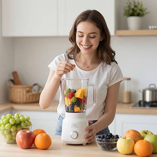 Photograph of a smiling young woman with brown hair, wearing a white shirt, blending colorful fruits and berries in a kitchen.