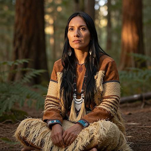 Photograph of a Native American woman with long black hair, wearing a brown and beige fringed jacket, sitting cross-legged in a forest, with sunlight