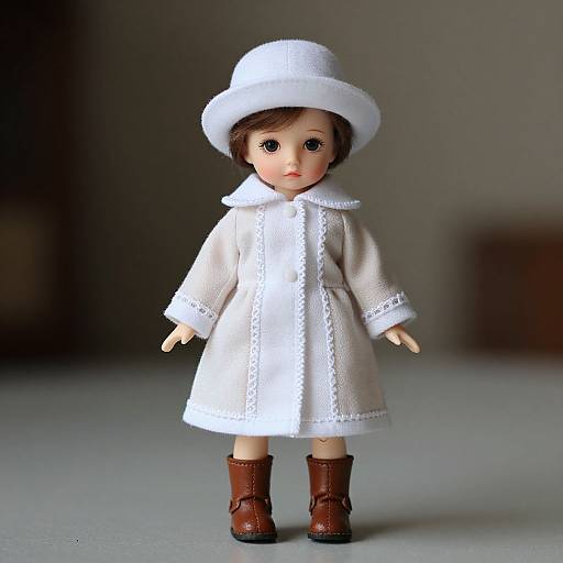 Photograph of a vintage-style doll with fair skin, brown hair, wearing a white embroidered coat, white hat, and brown boots, standing against a