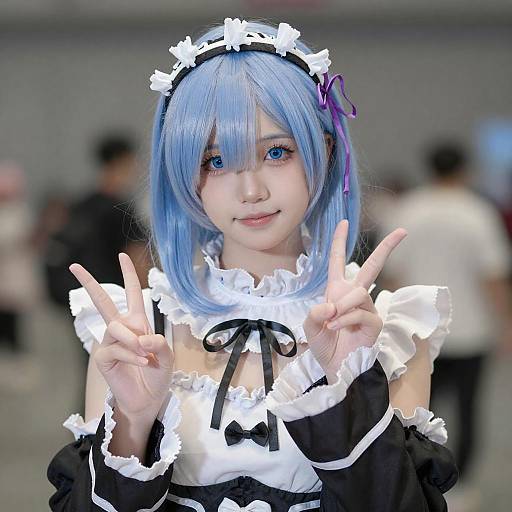 Young Woman in Blue Maid Outfit