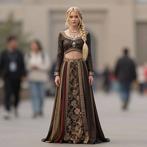 Photograph of a blonde woman with a long braid, wearing a black lace crop top and ornate, floral-patterned black and gold skirt,