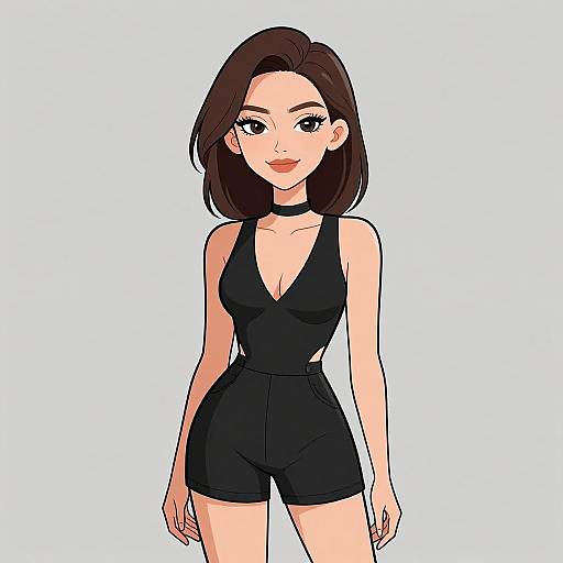 Digital anime-style drawing of a young woman with fair skin, brown hair, black choker, and black deep V-neck romper, standing against a