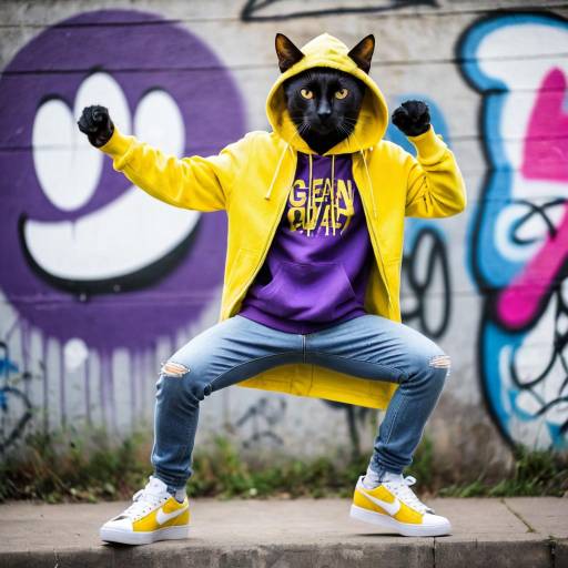Person with Cat Head Wearing Yellow Hoodie and Sneakers