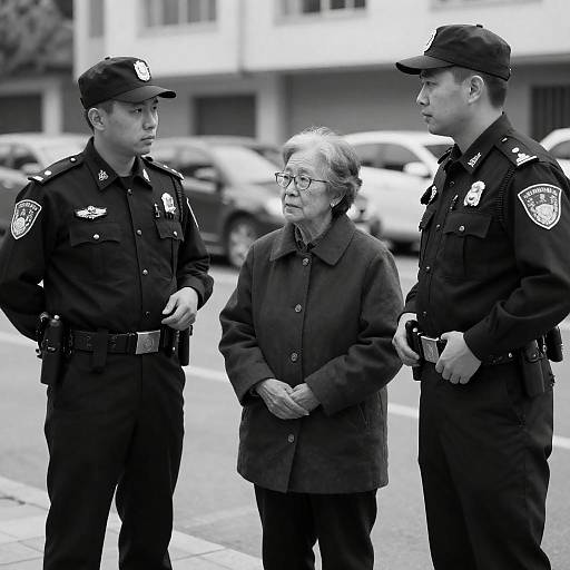 Black-and-White Street Scene: Police and Woman