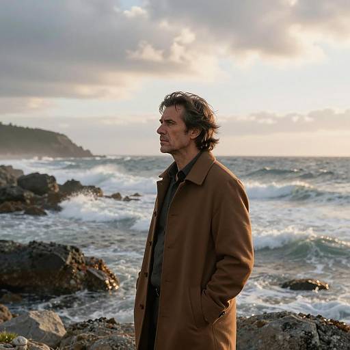 Contemplative Man on Rocky Coastline