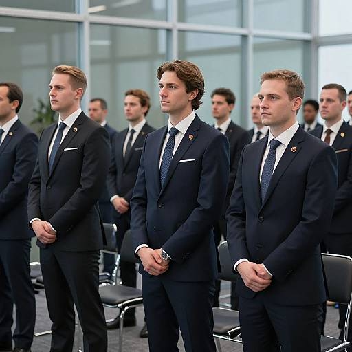 Photograph of seven young men in dark suits and ties standing in a row, hands clasped, in a modern glass-walled office.