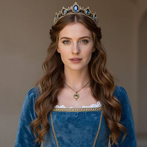 Photograph of a fair-skinned woman with long brown wavy hair, wearing a blue velvet dress, gold-trimmed crown, and necklace,