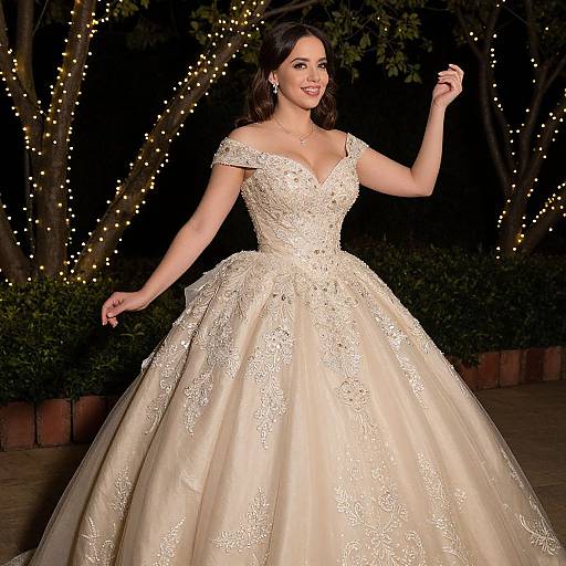 Photograph of a smiling woman in an off-shoulder, ivory lace and bead-embellished ball gown, dancing outdoors at night with string