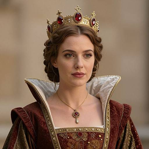 Photograph of a young woman with fair skin, brown hair in braids, wearing a gold crown with red jewels, a high-collared mar