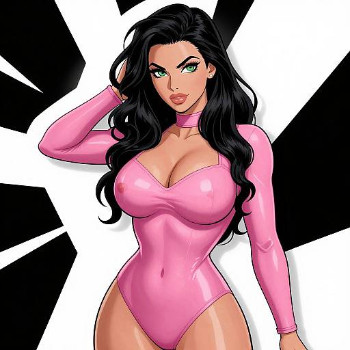Digital comic-style drawing of a voluptuous woman with long black hair, green eyes, and large breasts wearing a tight pink leotard against a black