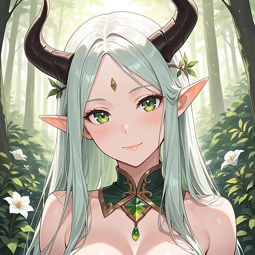 Digital anime-style portrait of a pale-skinned, green-eyed demon woman with long white hair, black horns, elf ears, and a gemmed ch