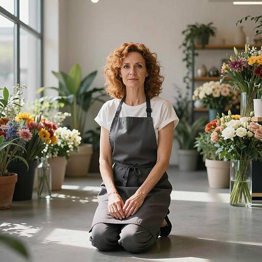 Photograph of a middle-aged woman with curly red hair, wearing a white shirt and black apron, kneeling in a sunlit floral shop with colorful