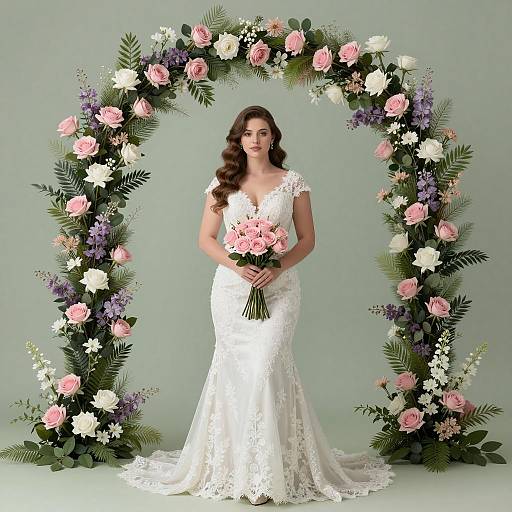 Bride in White Lace Wedding Dress with Floral Arch