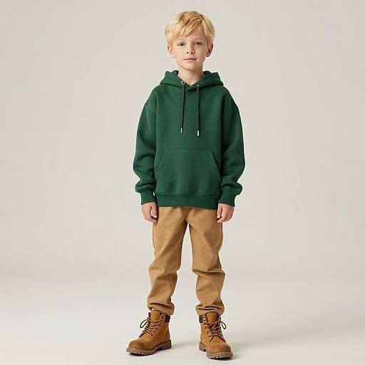 Photograph of a young blond boy in a dark green hooded sweatshirt, beige pants, and brown lace-up boots, standing against a white background