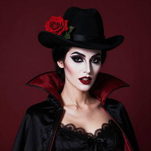 Digital portrait of a pale, dark-eyed woman with bold red lipstick, black lace dress, high-collared cape, black hat with red rose,