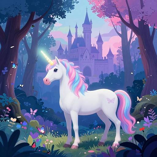 Digital illustration of a white unicorn with a pink and blue mane, standing in a vibrant, magical forest with colorful butterflies, flowers, and a pink and