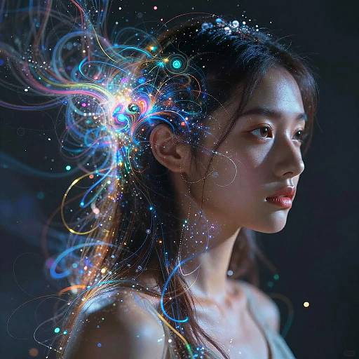 Photorealistic digital artwork of an Asian woman with glowing, ethereal, multicolored light and cosmic patterns flowing from her hair against a dark background