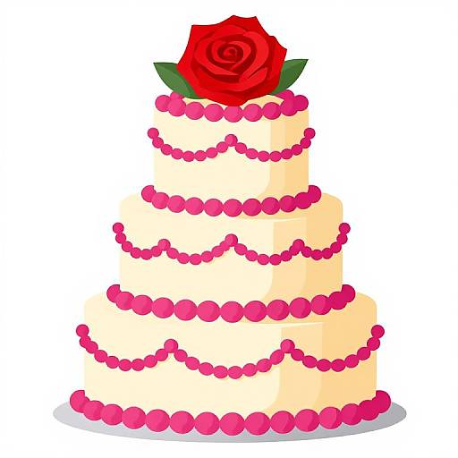 Digital illustration of a three-tiered, cream-colored cake adorned with pink pearl-like decorations and topped with a single red rose.
