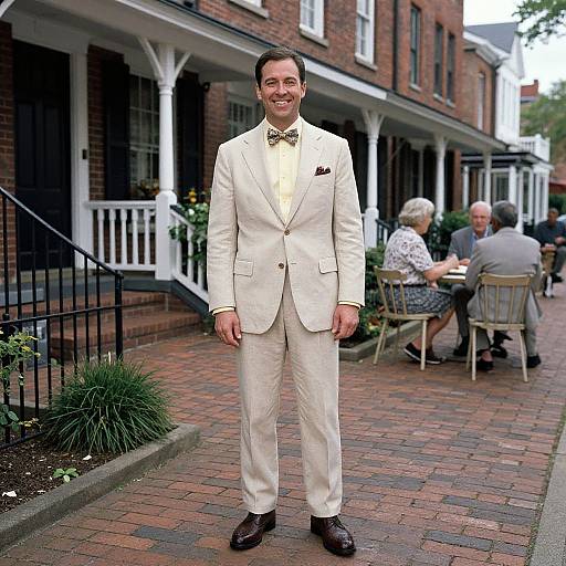 Photograph of a smiling man in a cream suit with bow tie, standing on a brick-paved sidewalk in front of a red brick townhouse with