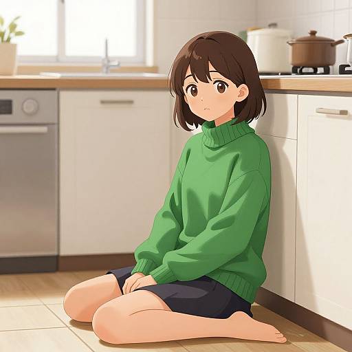 Anime-style digital drawing of a brown-haired girl in a green sweater and black shorts, sitting barefoot on a kitchen floor.