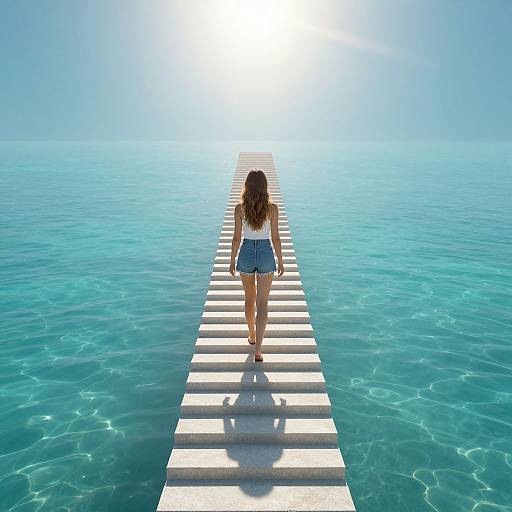 Photograph of a woman with long brown hair, wearing a white tank top and blue denim shorts, walking on a sunlit wooden pier into a vivid