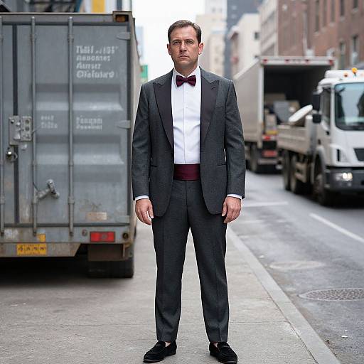 Photograph of a serious, handsome man in a black suit, white shirt, burgundy tie, standing on an urban street with trucks and buildings in
